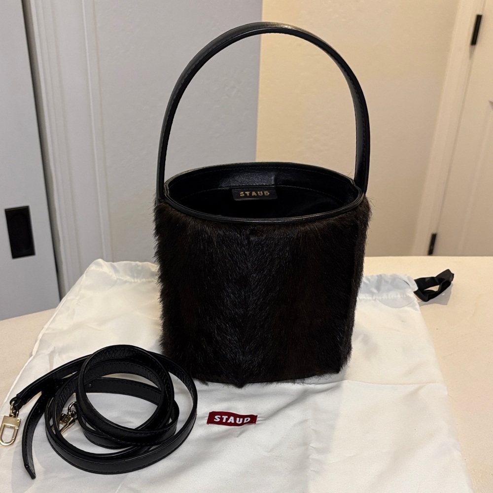 STAUD Black Fur Mini Bucket Bag